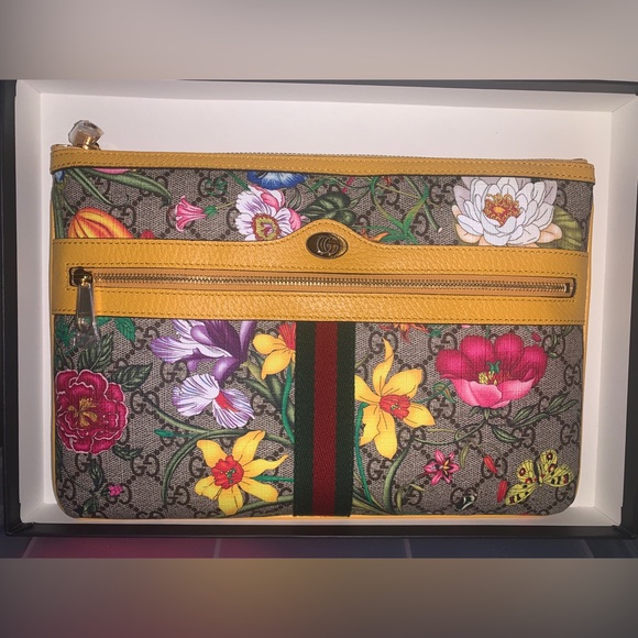 GG Supreme Monogram Flora Large Ophidia Pouch Clutch Yellow - Picture 2 of 6